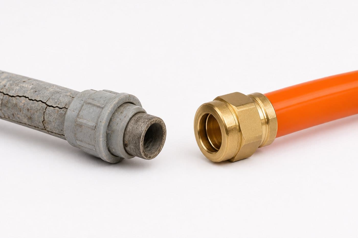 Old Poly B pipe versus new PEX-A pipe with brass fittings — before and after comparison